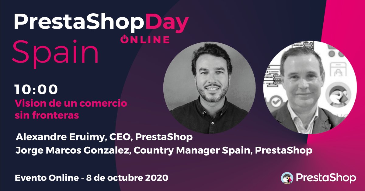 PrestaShop's tweet photo. 📣Empezamos con la primera conferencia en pocos minutos. La Keynote #PrestaShop que lanzará el día #PSDSpain 🇪🇸 en linea. Con @AlexandreEruimy, CEO de PrestaShop y @jorgegonzalezm9, Country Manager España!👉 https://t.co/nDks9N2hbg https://t.co/KgjusfKWRb