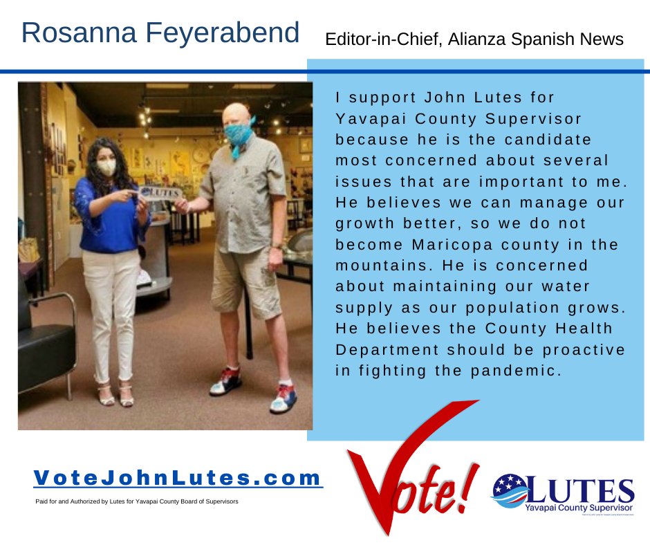 LutesYCbos's tweet photo. John - "believes we can manage our growth better, so we do not become Maricopa county in the mountains. -Rosanna Freyabend

Ballots begin to arrive this week! Remember to vote your early ballot promptly and return by Oct 16!
https://t.co/1aH2GzhQlU https://t.co/m1wyGLOMZb