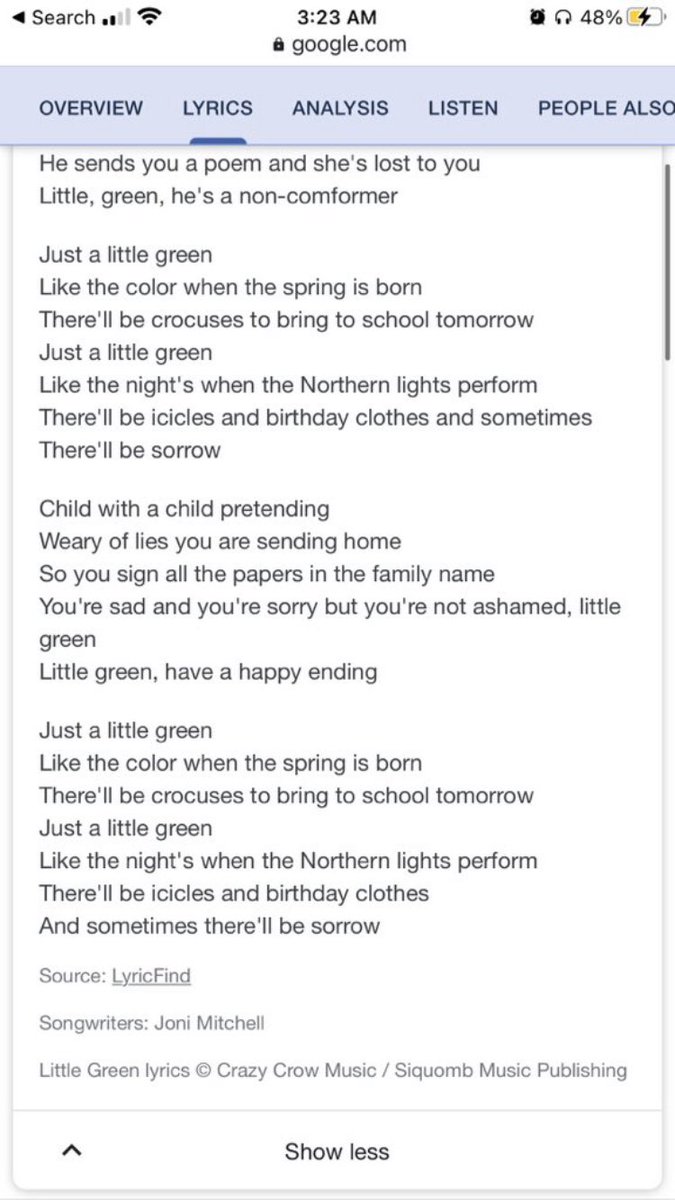 joni also has another song called “little green”,, green is the color of harrys eyes and it was the color of him in the band. well the lyrics are pretty interesting in this song...