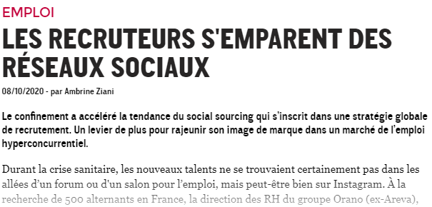 carole_rogel's tweet photo. [Stratégies] Les recruteurs s'emparent des réseaux sociaux. Où comment rester crédible sur un ton décalé quand on est une marque vieille de 50 ans ? #socialsourcing #reseauxsociaux #socialmedia #TikTok #IGStory #Instagram #facebook #LinkedIn #Recrutement  
https://t.co/QL5HYJayvY https://t.co/HVX8rTGtaL