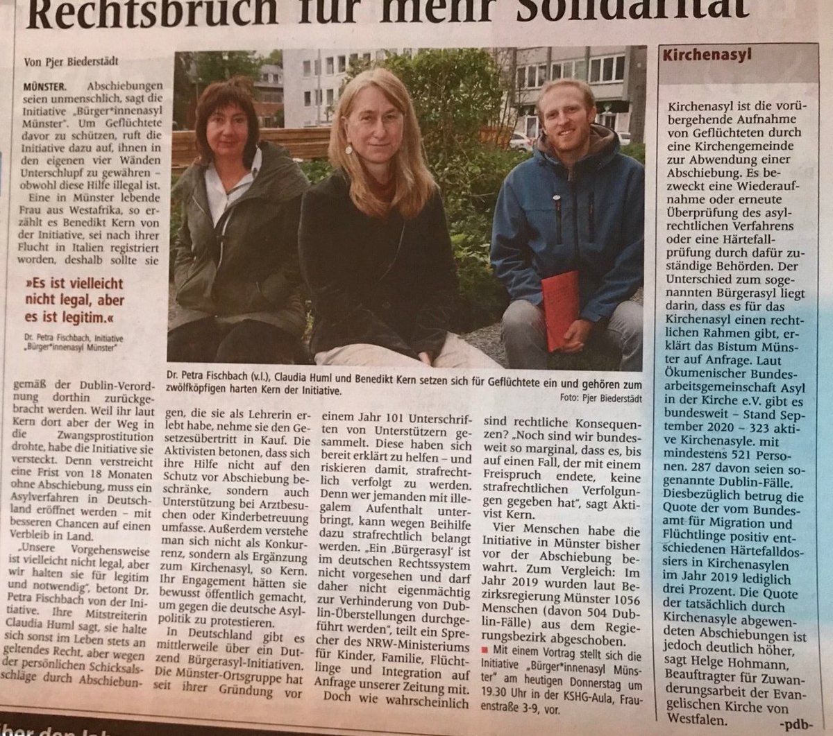 b_asyl's tweet photo. ''Rechtsbruch für mehr #Solidarität'' 
Artikel in der @WN_Redaktion über das #BürgerInnenasyl in #Münster erschienen. 
Darin wird auch nochmal eingeladen zu unserer Veranstaltung heute Abend um 19.30 in der KSHG: https://t.co/OSCmgIuhEN