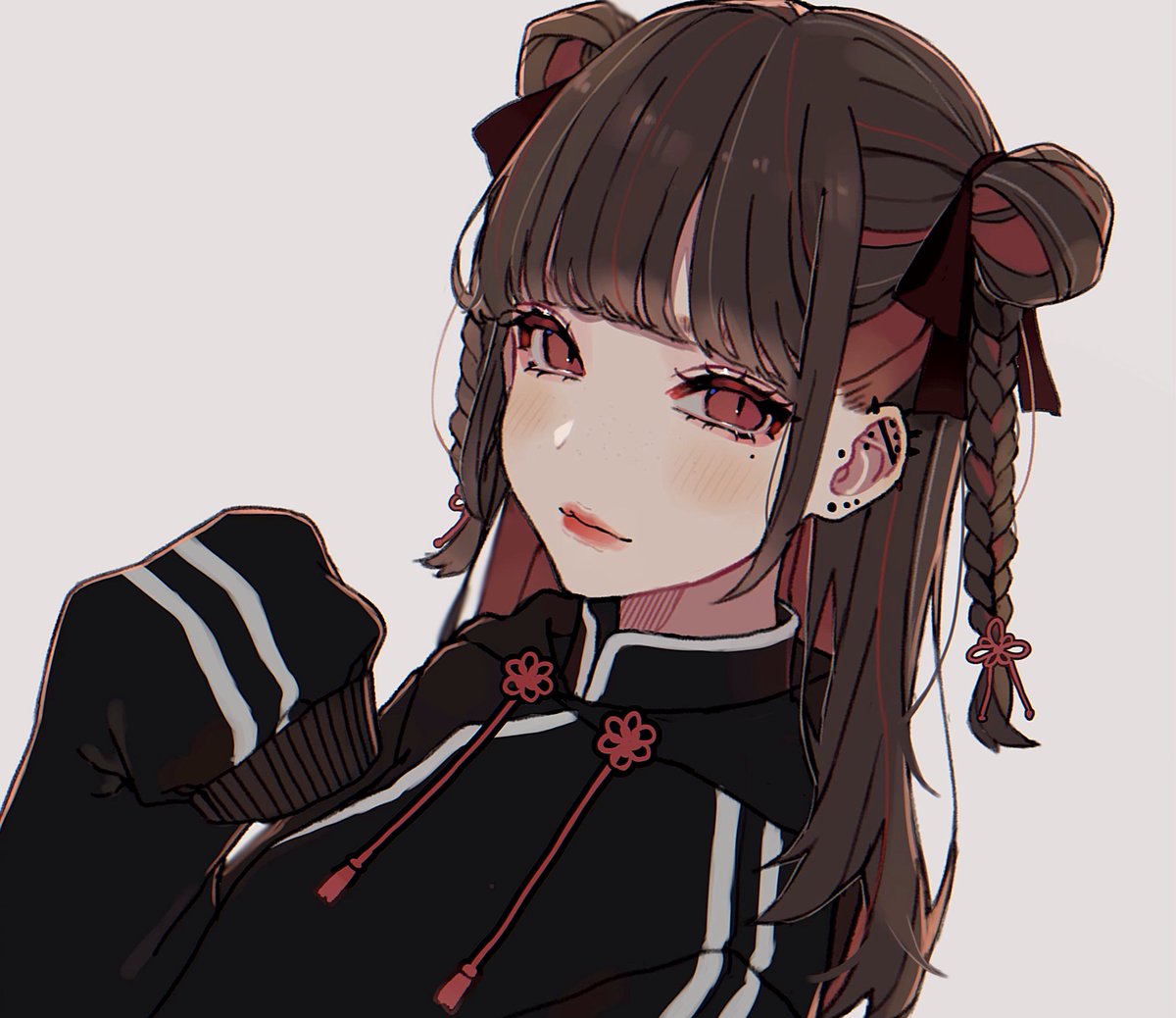 1girl solo double bun sleeves past wrists piercing brown hair braid  illustration images