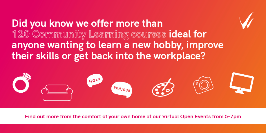 Interested in learning a new language, jewellery making, improving your artistic skills or becoming more computer literate? Join us at our Virtual Open Event from 5-7pm to find out what courses we have coming up now &amp; in the New Year!  Visit bit.ly/3jSp2ix #wiltscoll