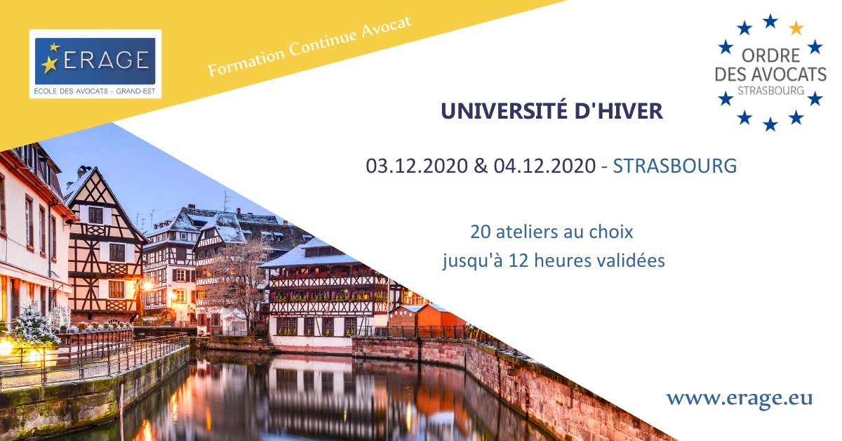 Le programme de l'Université d'hiver à Strasbourg est en ligne avec 20 ateliers au choix. Attention, le nombre de places sera limité cette année, alors ne tardez pas à vous inscrire.  Programme 👉 : erage.eu/wp-content/upl…
#Avocats #Droit #EnsembleEnFormation