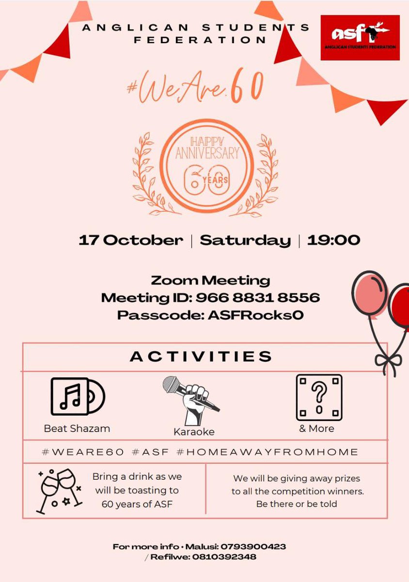 anglicanstudent's tweet image. Program for the ASF Celebratory week taking place from 11-17 October 2020. Be there or be told!😉 #ASFTurns60 #WeAre60 #ASFBuzz💃🏾💃🏾💃🏾🔥🔥🔥