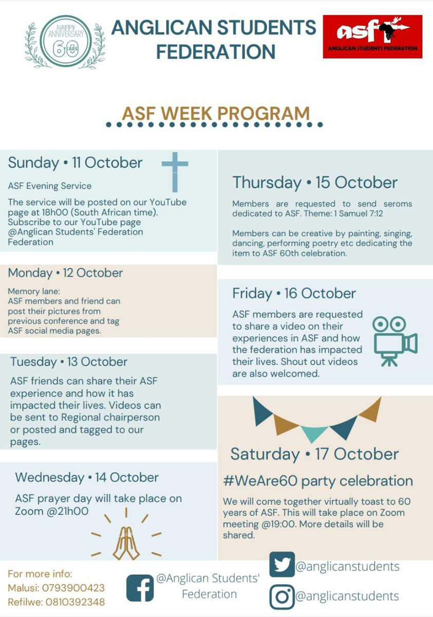 anglicanstudent's tweet image. Program for the ASF Celebratory week taking place from 11-17 October 2020. Be there or be told!😉 #ASFTurns60 #WeAre60 #ASFBuzz💃🏾💃🏾💃🏾🔥🔥🔥