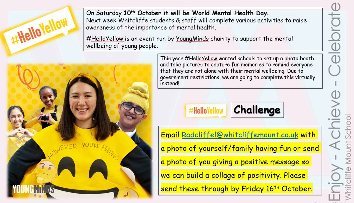 Next week we will be focusing on mental health awareness. Students and staff will be taking part in various activities to support this. Email in your positive photo! <a href="/YoungMindsUK/">YoungMinds</a> #MentalHealthAwareness