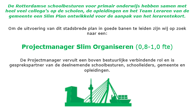 RVKO_Rotterdam's tweet photo. Vacature Projectmanager Slim Organiseren. De Rotterdamse scholenbesturen zijn op zoek naar een projectmanager voor de uitvoering van het plan 'Slim Organiseren'. De volledige vacature vind je hier: https://t.co/WlnuLN51bg
#slimorganiseren #rotterdam #onderwijs #projectmanager https://t.co/hcdumjGzby