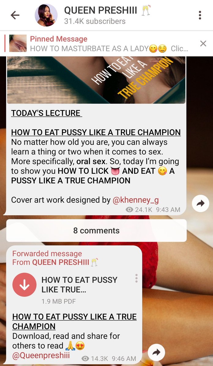 Join my telegram sex education ( https://t.me/joinchat/AAAAAFYNi5mvXg3C_fwmEQ ) channel and learn on HOW TO EAT AND FINGER A PUSSY LIKE A TRUE CHAMPION!! So easy to learn!! Don't worry I will bring them back to twitter.