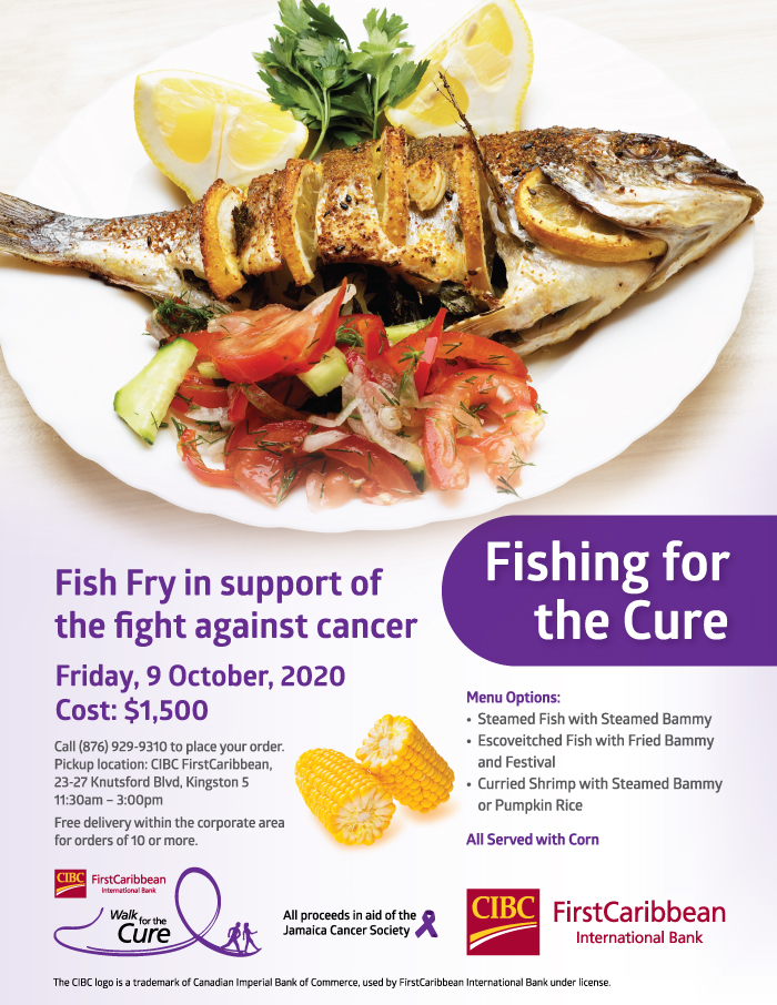 Come and support our Fish Fry for the Cure tomorrow, Friday, 9 October, 2020. Call (876) 929-9310 to place your order.

Cost: $1,500

Pickup location: CIBC FirstCaribbean, 23-27 Knutsford Blvd, Kingston 5 from 11:30am – 3:00pm

All proceeds in aid of the  @JaCancerSociety