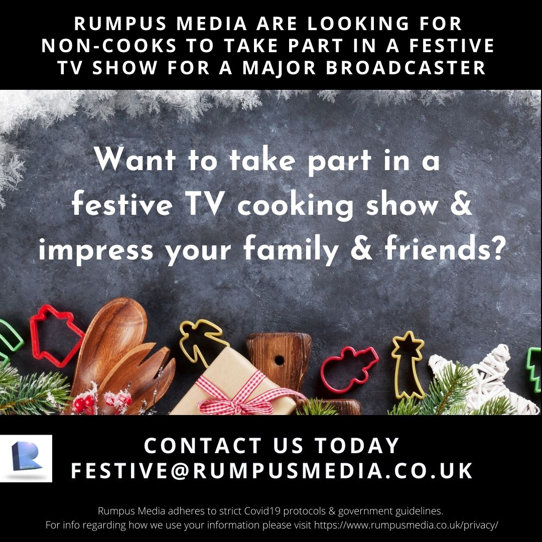 Rumpus Media are looking for non-cooks to take part &amp; treat their friends, family or colleagues this Christmas! Are you hopeless in the kitchen, and fancy some help from one of Britain's favourite home cooks? 🎄
Email us at festive@rumpusmedia.co.uk for more info!