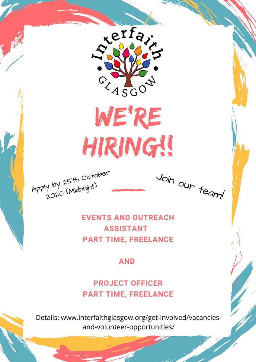 ****Interfaith Glasgow is hiring!!****
Two fantastic opportunities to join our team (click the link below).  Please share widely! 🤩🥳🎉
interfaithglasgow.org/.../vacancies-…