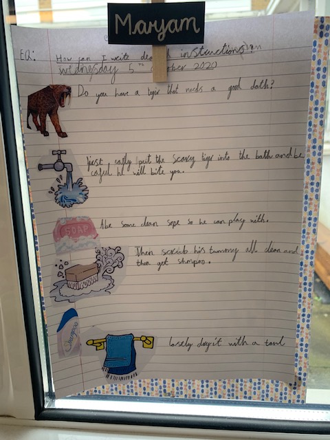 MountStewartSch's tweet photo. 3M are so proud of their instruction writing on "How to Wash a Sabre Tooth Tiger" that they published it onto their wow wall! They developed their ideas from the book "How To Wash a Woolly Mammoth" and love seeing their hard work on display! #TMSS3M https://t.co/qGvY5KXAVj