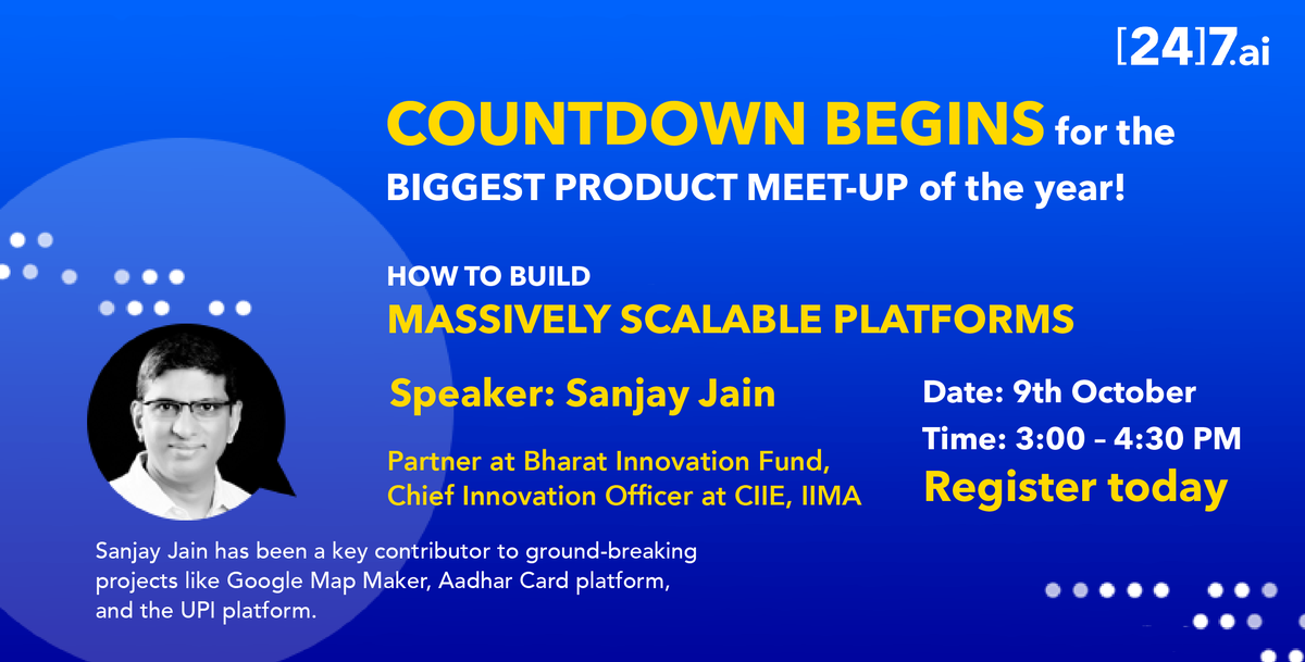 247ai_India's tweet photo. Countdown begins for the biggest #ProductMeetUp of the year with Sanjay Jain – a key contributor to Google Map Maker, Aadhar Card platform, &amp; the UPI platform.

Register today and bag the opportunity to be a part of this exclusive #VirtualMeetUp: https://t.co/BSajsEHbDN

#247ite https://t.co/xrtU2FKQwq