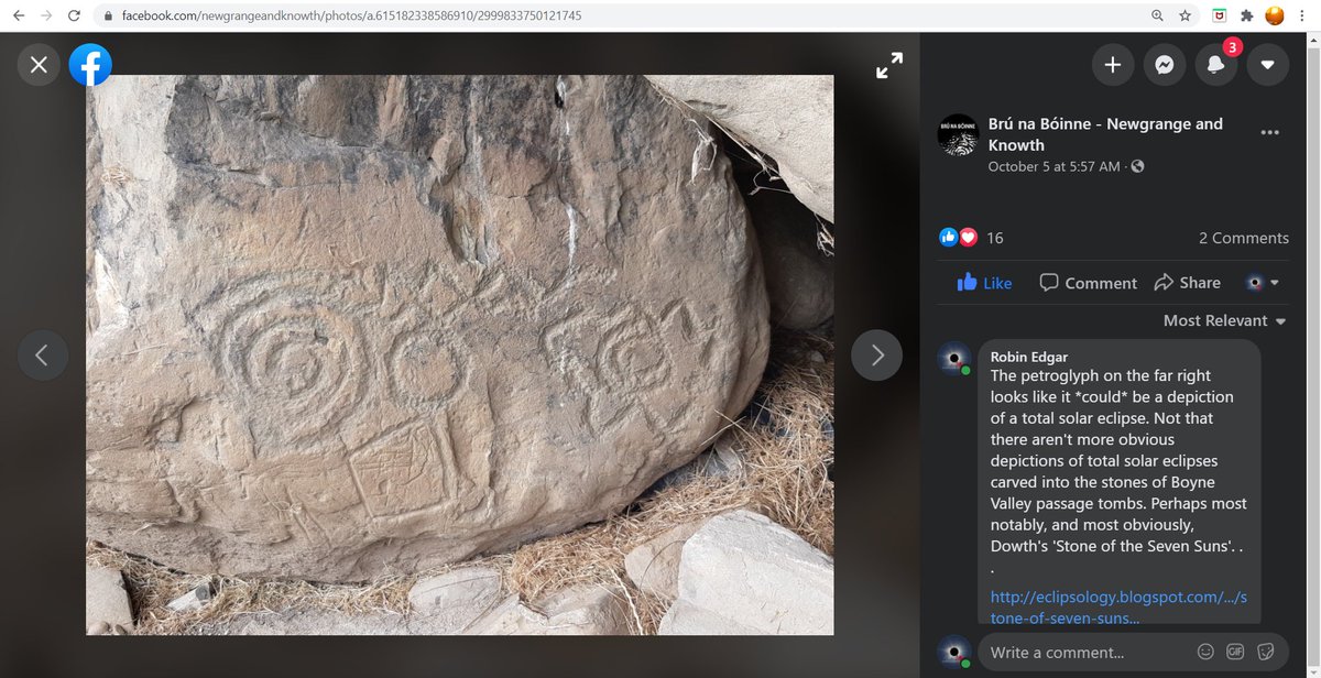 RobinEdgar's tweet photo. @newgrangeknowth As per my comment on your Facebook post:
https://t.co/SMItf8Lmyt
The #RayedSunSymbol, indeed apparent sun-moon conjunction symbol. . . on the bottom right is probably a depiction of a #TotalSolarEclipse.
Could you please provide me with a hi-res close-up photo of that symbol? https://t.co/eB6psHPIyc