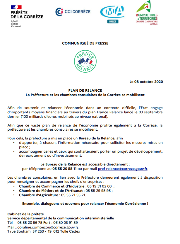 [Plan de relance]
"Ensemble, dialoguons et œuvrons pour relancer l’économie Corrézienne !" : la Préfecture et les chambres consulaires de la Corrèze se mobilisent 
Toutes les informations ⬇️