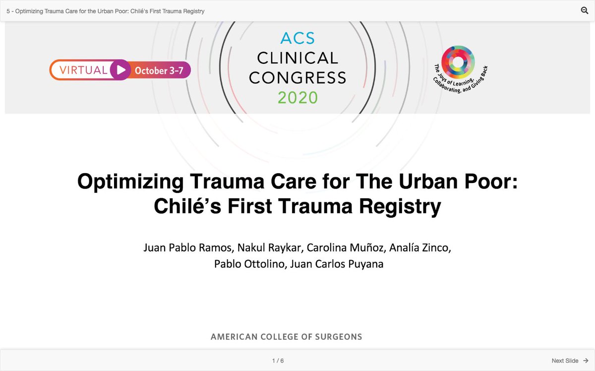 Resultados de nuestro Registro de Trauma, en seccional de Global Surgery. Nuestra unidad de Trauma en conjunto con <a href="/pittsburgh/">City of Pittsburgh</a> participando del #ACSCC20. <a href="/jcpuyanamd/">Juan Carlos Puyana</a> <a href="/ACSTrauma/">The ACS Committee on Trauma</a> <a href="/AmCollSurgeons/">American College of Surgeons</a> <a href="/Me4Trauma/">SoMe4Trauma</a> @SOCICH_ @Cirbosque <a href="/ottolinopablo/">Pablo Ottolino</a> <a href="/NakulRaykar/">Nakul Raykar</a> @CarlosCpilasi