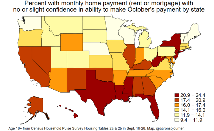 About 1 of 6 U.S. households with a monthly housing payment (rent or mortgage) said in late Sept that they have no confidence or slight confidence in their ability to make their Oct payment.This was before POTUS withdrew from negotiations over a federal economic support bill.