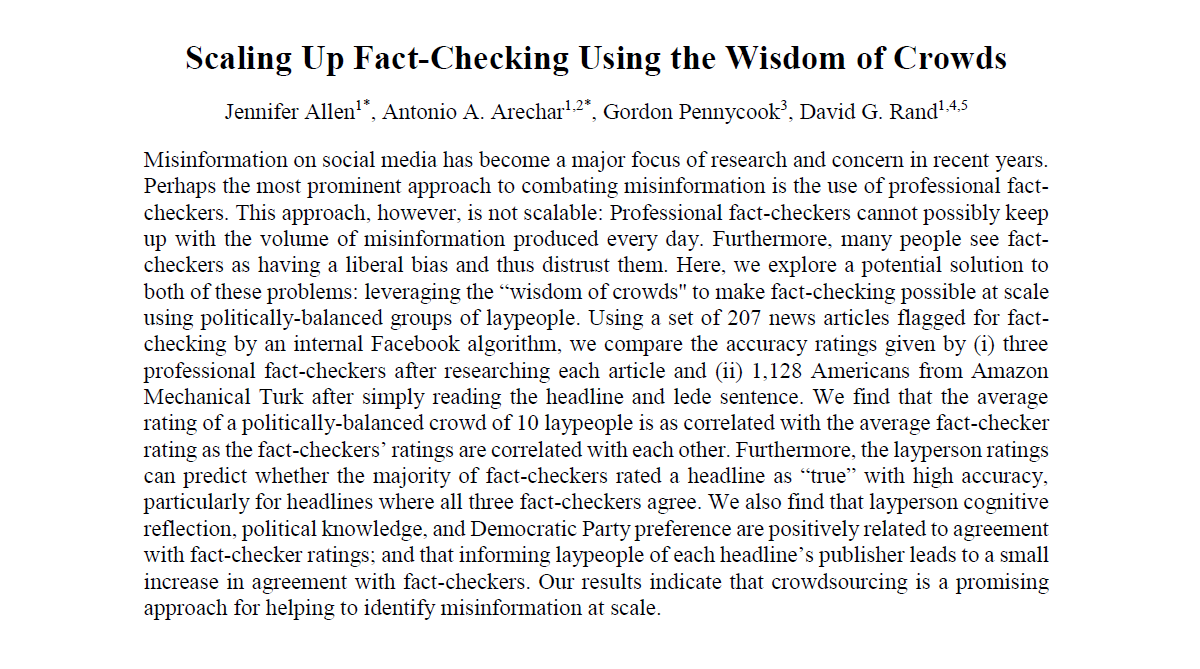 Working paper alert!"Scaling up fact-checking using the wisdom of crowds"We find that 10 laypeople rating just headlines match performance of professional fact-checkers researching full articles- using set of URLs flagged by internal FB algorithm https://psyarxiv.com/9qdza/ 