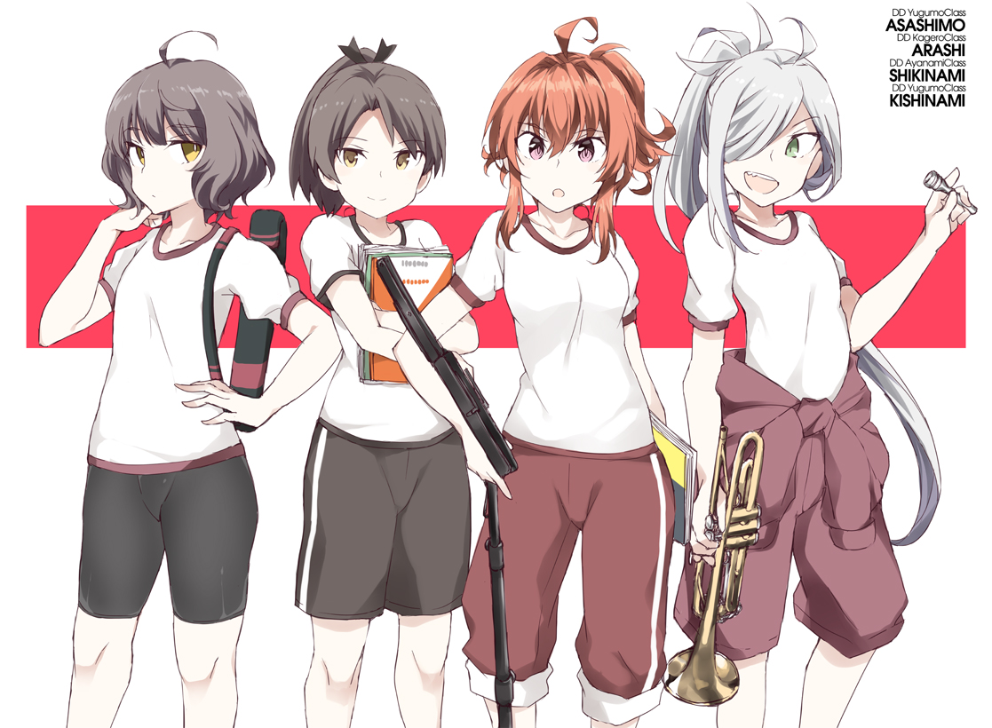 arashi (kancolle) ,asashimo (kancolle) ,kishinami (kancolle) ,shikinami (kancolle) 4girls instrument multiple girls red hair ahoge brown hair grey hair  illustration images