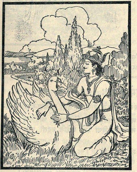 Nala had a graceful body and he was Ajaanubaha like Shree Rama. He was a great chakravarti, gunvaan, and a great warrior who was an expert in Ashwavidhya. One day Nala catches a swan. The swan prays maharaja to leave it free and it will sing the glory of him to Damayanti