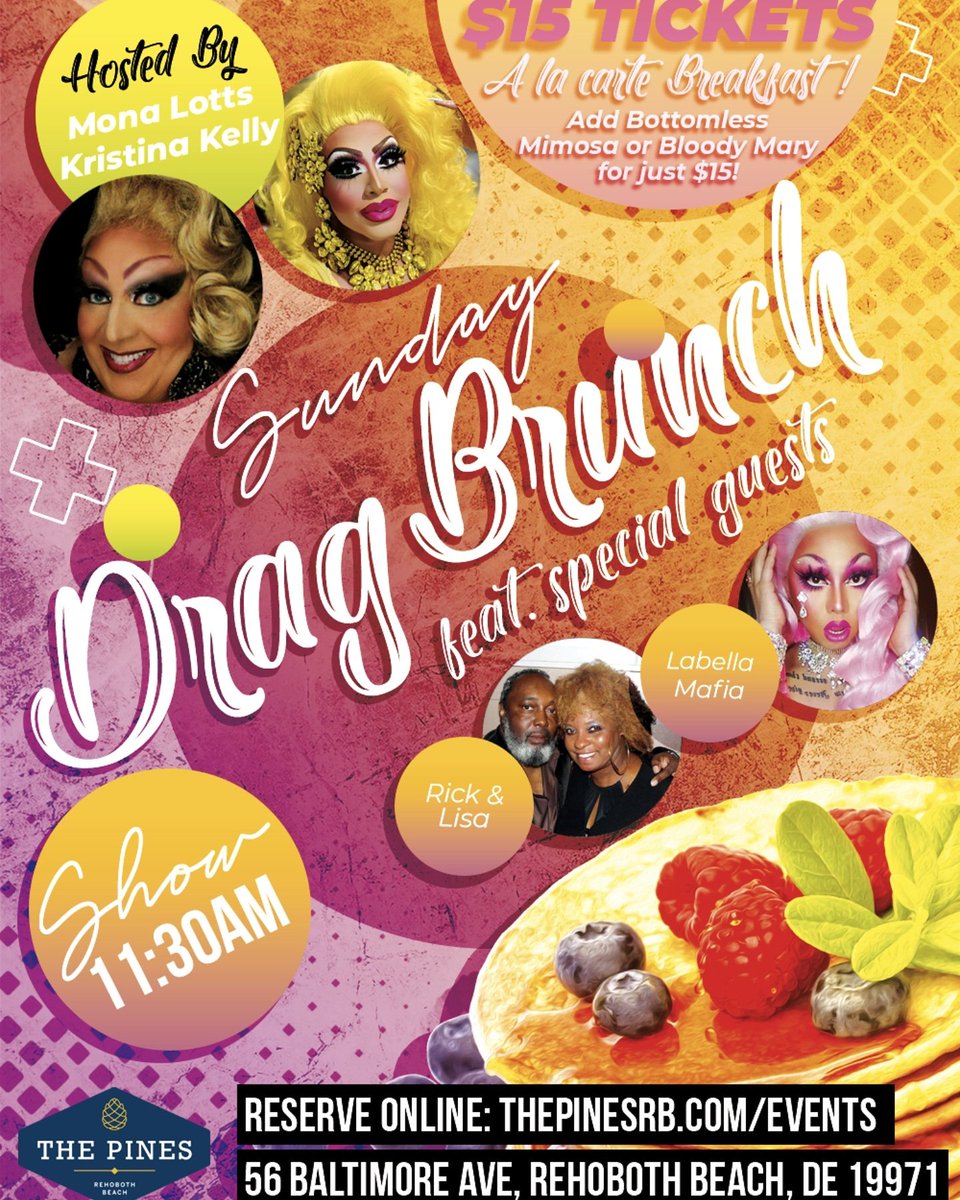Nothing to do this weekend in Rehoboth? Come enjoy Drag Brunch with your hosts <a href="/KristinaKelly79/">Kristina Kelly</a> and @MonaLottsRB with Special guests @
Rick and Lisa!!! 

thepinesrb.com/events