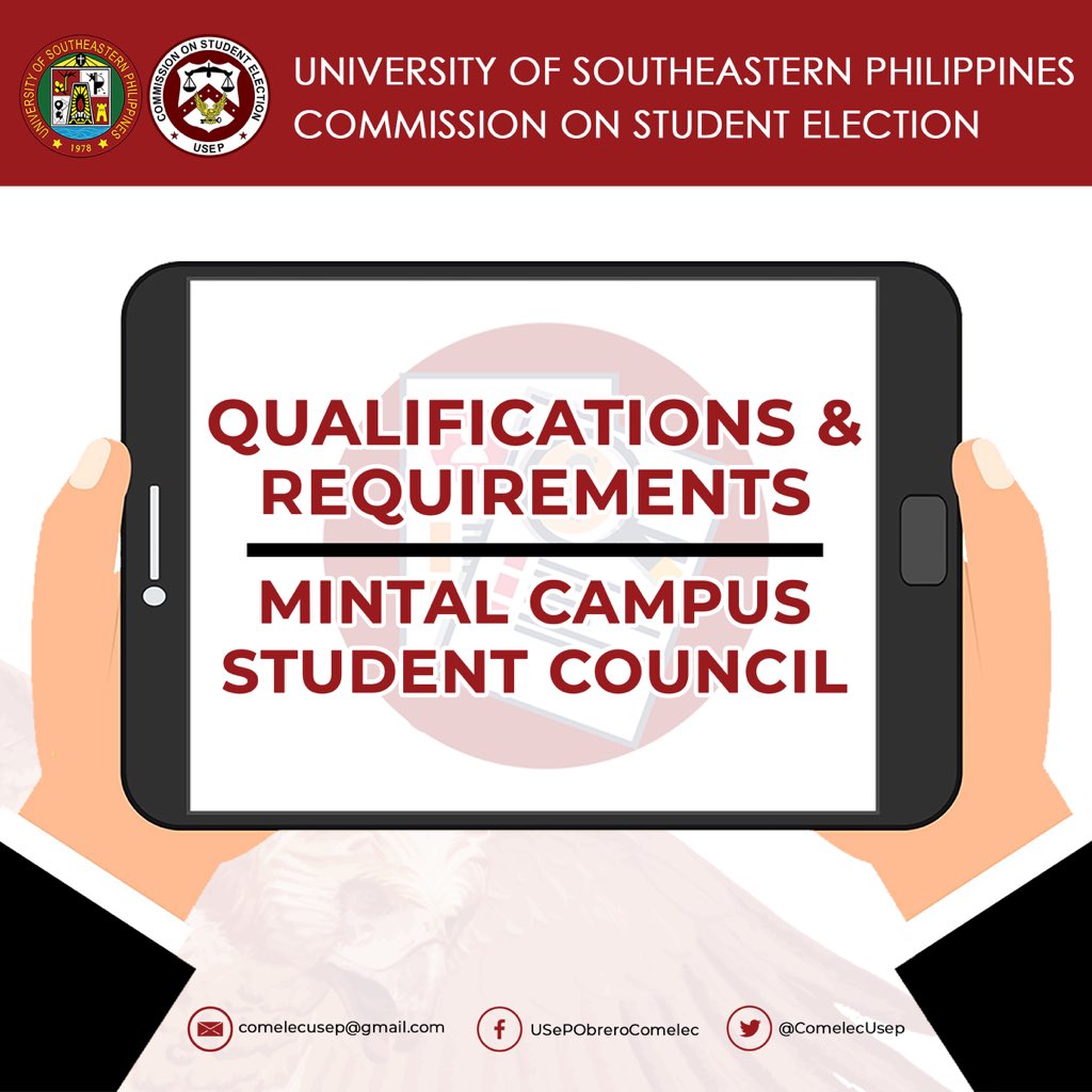 ComelecUsep's tweet photo. ANNOUNCEMENT | Qualifications &amp; Requirements for aspiring student leaders for Mintal Campus are out. 

Read the full details here: https://t.co/zcXwntlCgl

For more updates, follow and like our social media accounts. https://t.co/OwrzuYCn1p