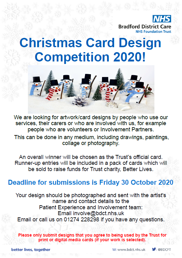 BDCFT_YourVoice's tweet photo. 🎄Do you use or look after someone who uses BDCFT services?❄️
Don't forget to let out your creative side and take part in the Trust Annual Christmas Card Competition!
Deadline for entries is Friday 30th October
#GetInvolved https://t.co/FXJWjCx5hb