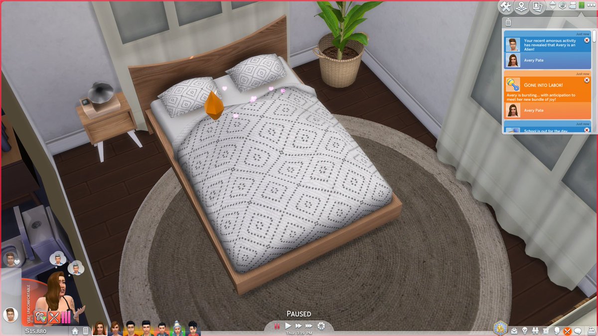 She went into labor while woohoo-ing with the next baby daddy whom she literally just met. Like a Sim hour prior.  Wanted to make sure they were woohoo-compatible to reduce the time between 11 and 12. I also found out that you can discover if a Sim is an  when you woohoo.