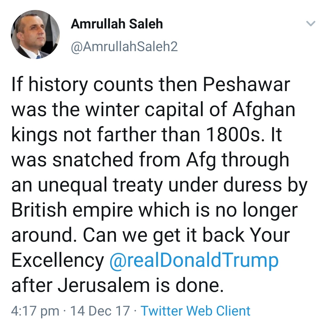 Your excellency @realDonaldTrump, what happened to @AmrullahSaleh2's covet to get back Peshawar?

#AfghanPeaceProcess #IntraAfghanTalks