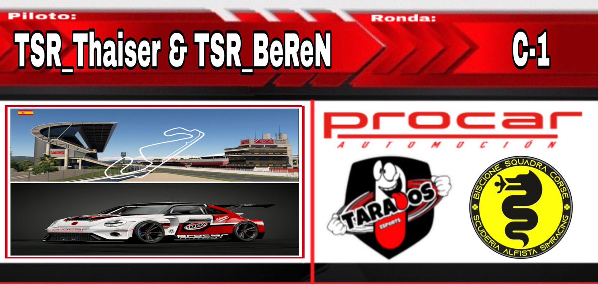 Hoy comenzamos otro campeonato! Div-🥇 DTM de <a href="/BiscioneSquadra/">BISCIONE SQUADRA CORSE</a> 
Mucha suerte a nuestros piltos:

🏎TSR_Thaiser @Thaiser99 
🏎TSR_BeReN 

🎥🔴 23:10 - youtube.com/channel/UCDzu7…

👀👉🏻<a href="/ProcarAutomoci1/">Procar Automoción</a>