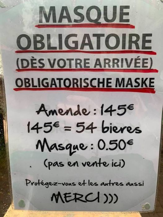 ninaism's tweet photo. "Masks are mandatory. Fine: 145 euros. 145 euros = 54 beers"

The art of persuasion in Luxembourg🍻 #Covid_19 https://t.co/vAGys1IokJ
