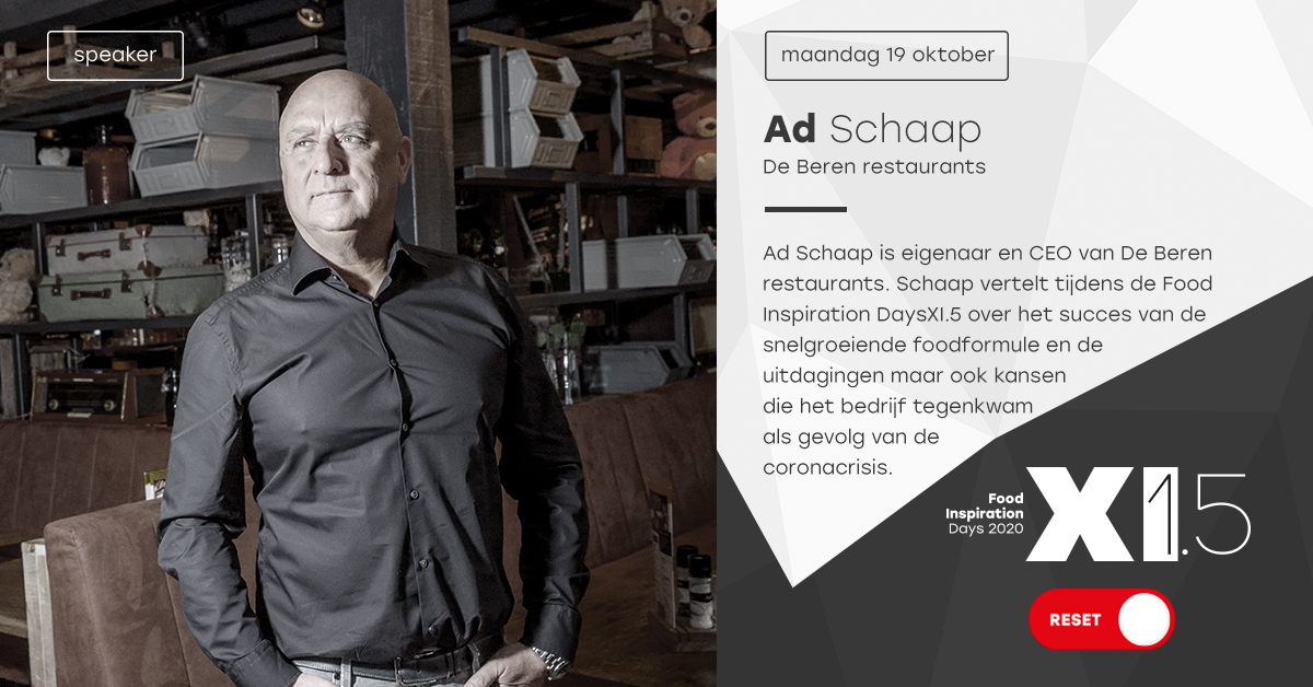 foodinspiration's tweet photo. Ad Schaap is CEO van restaurantketen De Beren. Hij begon in 1984 met één grillrestaurant, nu meer dan 50 restaurants in heel Nederland. 🌏 Tijdens de Food Inspiration DaysXI.5 vertelt hij over dit succes.
Tickets via: https://t.co/U2eRmdijPG
@adschaap | #thebigreset #fidays https://t.co/8HaRvv9HDt