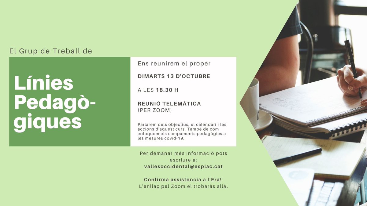 #LíniesPedagògiques | Nova reunió del Grup de Treball de Línies Pedagògiques!

Monis! Tothom hi està convidat per parlar dels objectius, el calendari i les accions del projecte d'aquest curs. També dels campaments pedagògics! 💡

🗓️ Dimarts 13 d'octubre
🕕 18.30 h
📍 Telemàtica