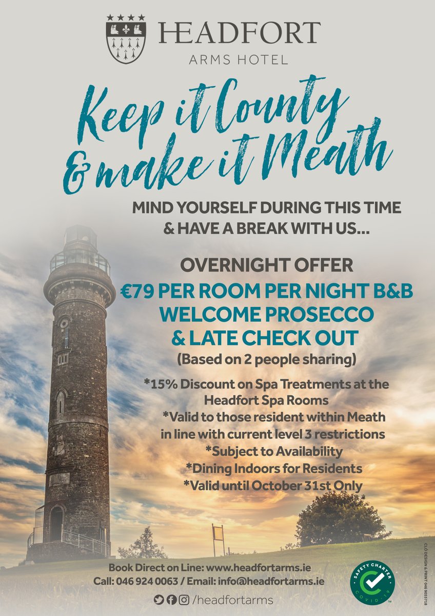With new restrictions in place, why not use this time to discover what's on your doorstep? We are offering #Meath residents an overnight stay of B&amp;B with Prosecco &amp; Late Check Out for only €79pps (some T&amp;Cs apply). Phone us on 046 924 0063. #SupportLocal #OriginalIrishThursday