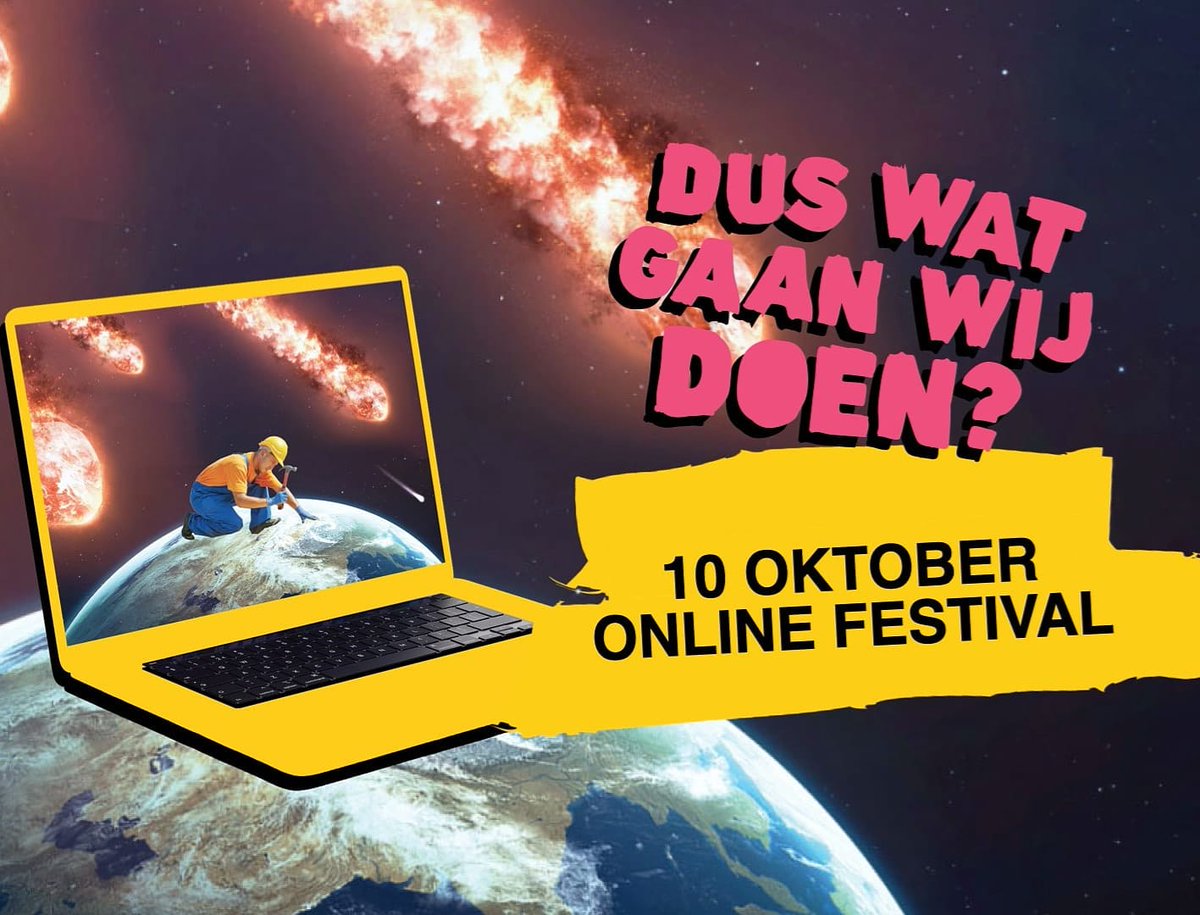 Zaterdag 10 oktober 14:30 - 19:00 uur. #DusWatGaanWijDoen #festival. Online vanuit <a href="/BlueCity010/">BlueCity010</a>, 'n bomvol programma met groene ondernemers, duurzame dromers, activisten en andere doen-denkers + o.a. 'n workshops #wormenhotels! Tickets bestellen: duswatgaanwijdoen.nl/winkel/