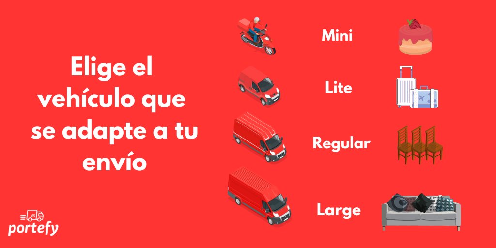 ¿Qué tienes que enviar hoy?
Con #Portefy eliges el tamaño del vehículo que mejor se adapte a tu envío 🚚

No tendrás que pagar por un espacio que no usas 👍

Descarga la #app de Portefy y sabrás el precio de tu envío al momento portefy.com/app.html