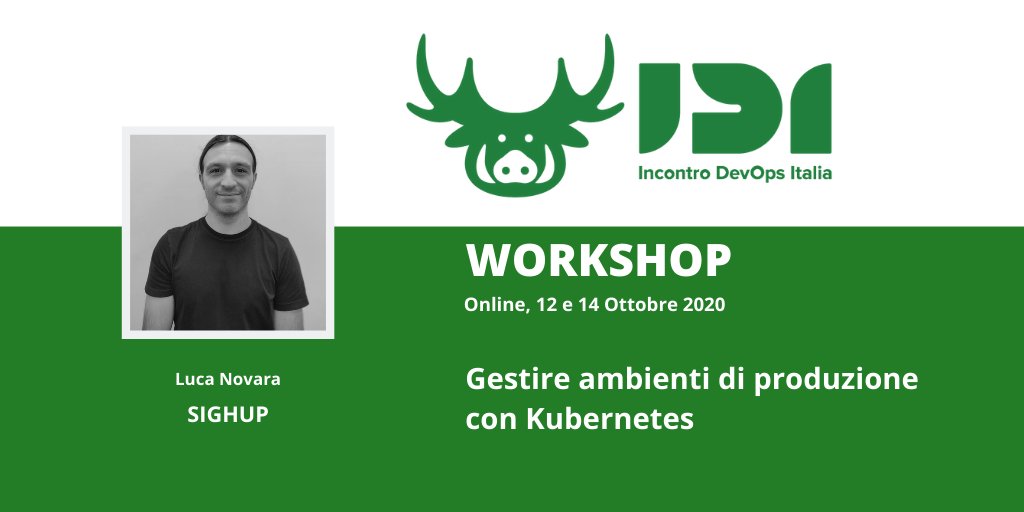 Ultimi posti disponibili per i workshop della prossima settimana: 2020.incontrodevops.it/workshop 

➡️  [12 e 14 Ottobre] Gestire ambienti di produzione con #Kubernetes - by <a href="/sighup_/">SIGHUP</a>  

➡️  [15 e 16 Ottobre] Progettare e sviluppare applicazioni #Serverless con #AWS - by <a href="/SparkFabrik/">SparkFabrik</a>