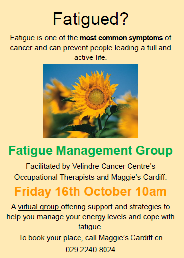 VelindreCS's tweet photo. Is cancer related fatigue impacting your day to day life? Join us online on Friday 16th October for support and an opportunity to learn strategies to help you manage your fatigue with Velindre #OccupationalTherapy &amp; @maggiescardiff. Contact 029 2240 8024 to book your place. 💙🧡 https://t.co/54bb7amPgZ