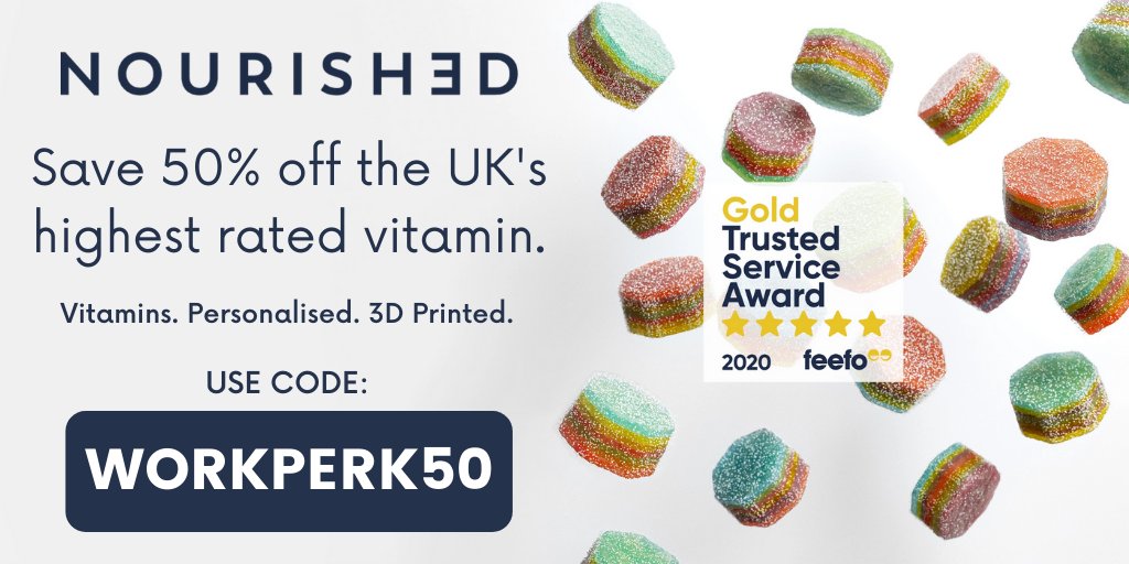 TheWorkPerk's tweet photo. Get 50% off the UK's highest rated vitamin with code WORKPERK50 at https://t.co/h4E4PRq2Fd! The world's first 3D Printed gummy vitamin, completely personalised to you. Don's miss out! Vitamins. Personalised. 3D Printed. @get_nourished #TheWorkPerk #getstack3d https://t.co/yEvdUPpwA4