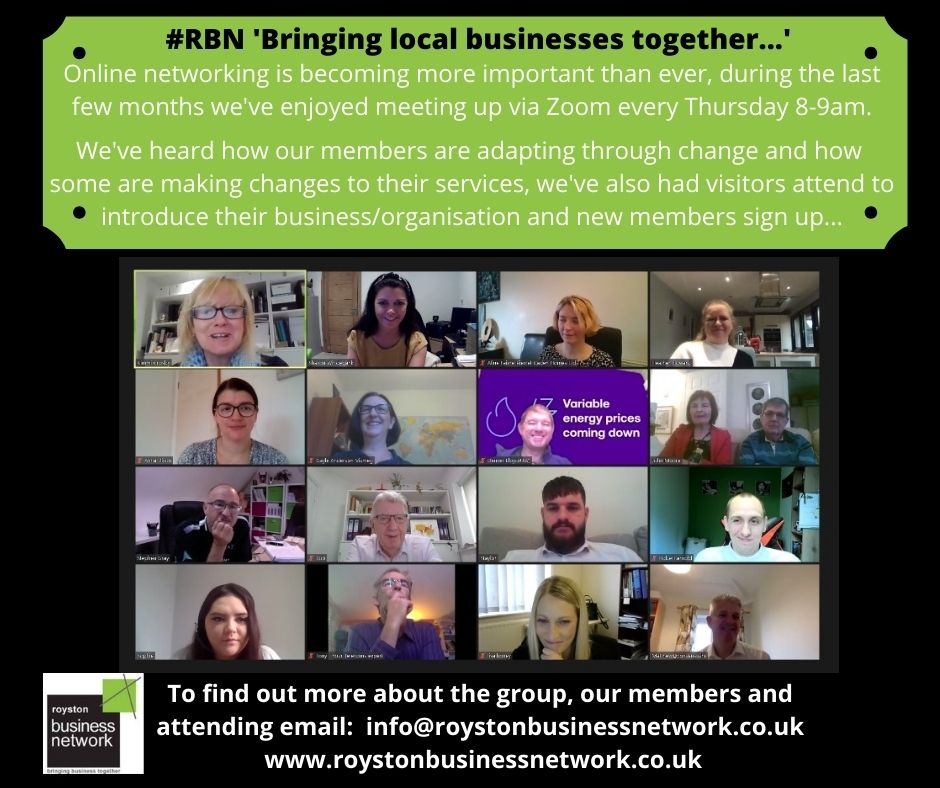 RoystonBN's tweet photo. A very interactive meeting this morning welcoming 3 new members - We meet on Zoom every Thurs 8-9am, 
For more info about attending, the group &amp; our members visit, https://t.co/CLr5RA0zdO or email, info@roystonbusinessnetwork.co.uk

#RBN 'Bringing local businesses together...' https://t.co/WyO8DoJi6K