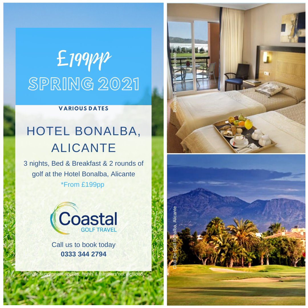 GoCoastalGolf's tweet photo. Escape to the sunshine in early #2021. 

☀️ Hotel Bonalba, Alicante
🛏️ 3 nights, B&amp;B
⛳ 2 Rounds of Golf
🏊 Pool &amp; Fitness Club
🦉 4.5/5 TripAdvisor Rating
🌟 4 Star Rating
🏆 2020 TripAdvisor Travellers Choice Award 

#golf #golfspain #golftrip #golfbreak #getaway #holidays https://t.co/yVgogif4az