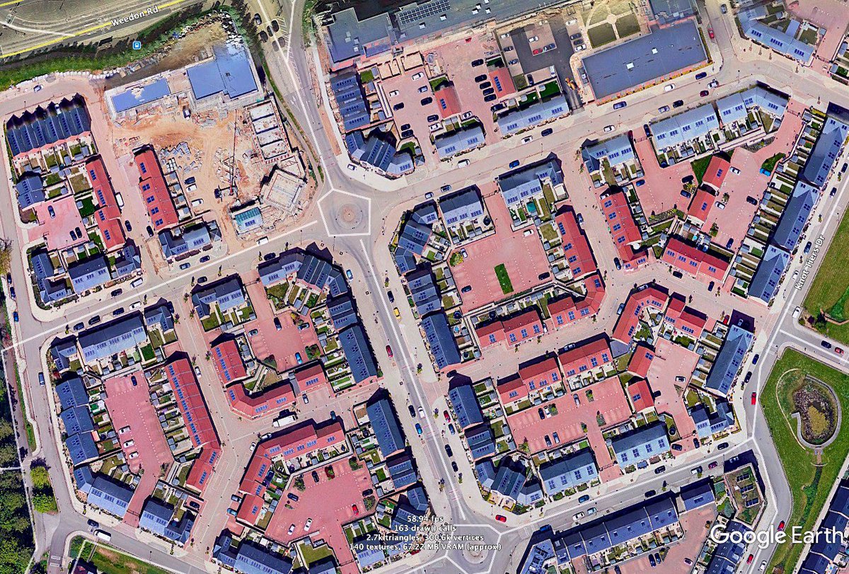 One thing that stands out when you look at most new housing development from above is the crazy amount of land given over to car access and storage. Take these examples: in Milton Keynes, Cambridge, Northampton and Newcastle. (1/x)