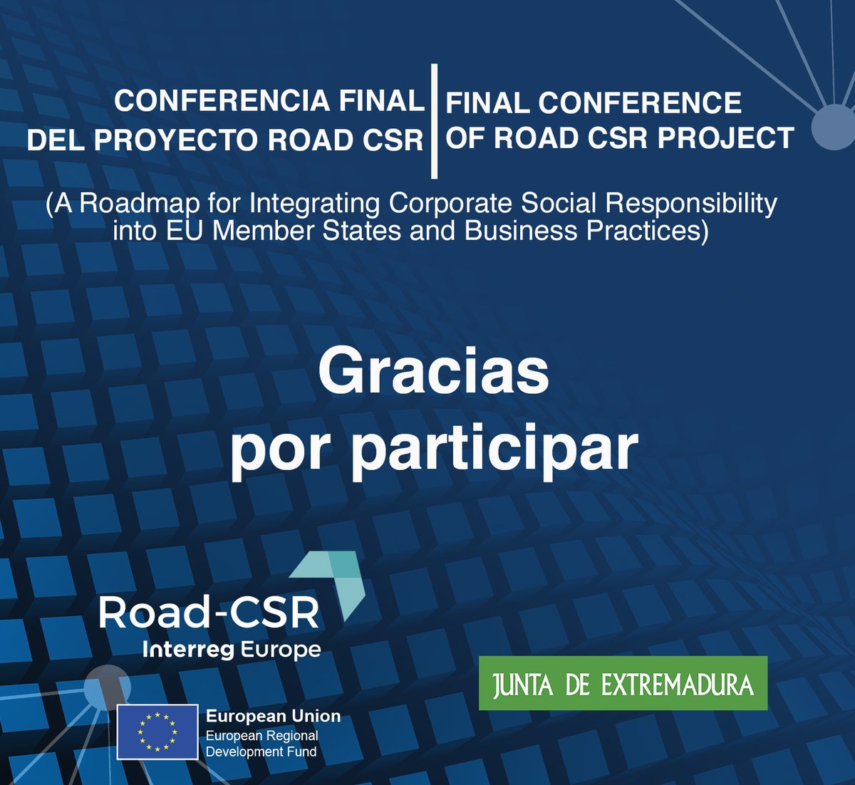 RSE_Extremadura's tweet photo. Gracias por participar en la Conferencia Final
del Proyecto @roadcsr
#empresas #conferencia #europa #RoadCSR #interreg #business #practices https://t.co/ooYUgFai3L