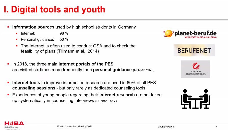 Cedefop's tweet photo. In #Germany, 98% of high-school students use the #internet for #careerguidance and 50% have personal guidance.

Professor Matthias Ruebner presents new horizons of #counselling and #guidance in the German public employment services.
#CareersNet meeting https://t.co/hWynZ1q9Cv