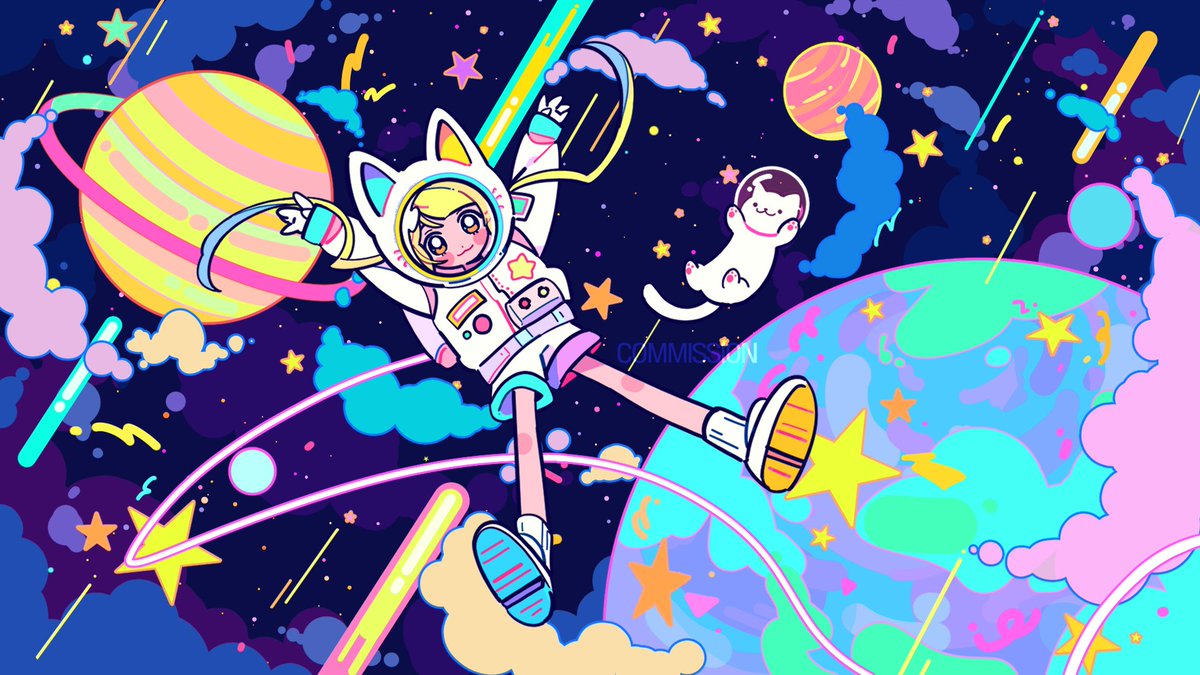 space helmet blonde hair 1girl spacesuit planet cat star (sky)  illustration images