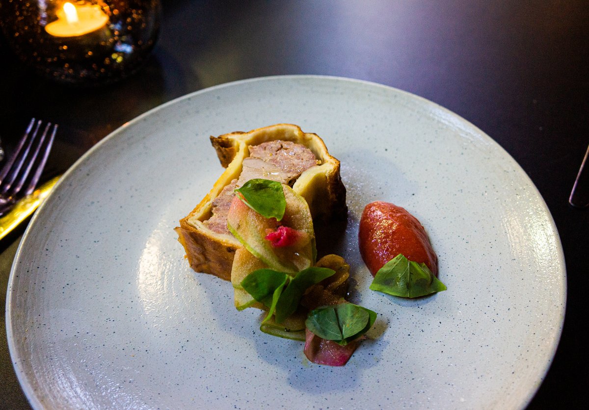 Wild boar and date pâté en croûte, plum sauce, Granny Smith apple and sorrel salad 🤤 #newmenu #leedsmarket #gastropub