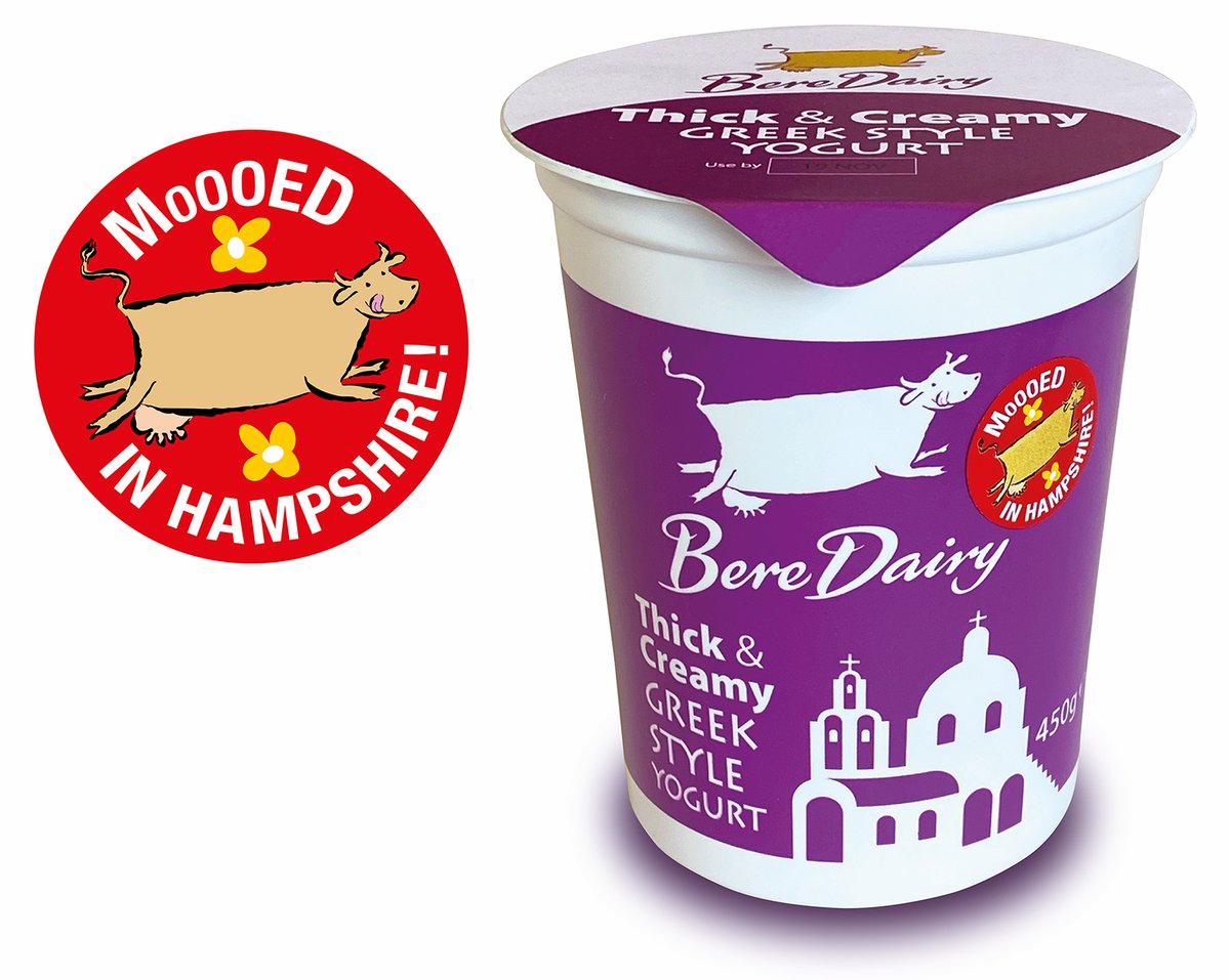 pmdcdesign's tweet image. ‘Greece is the word’ for Bere Dairy! pmdc’s design for Bere Dairy’s Greek Style Yogurt is now in stores. Our ‘Moooed In Hampshire’ sticker appears on all their products.