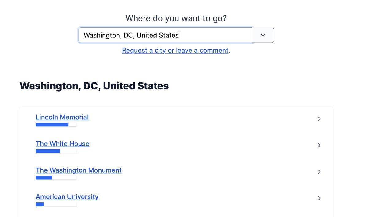 Here are example results for Washington, DC.  https://edwardbenson.com/ai-travel-agent/Washington-DC-United-StatesResults are weighted based on how many times  #GPT3 generated that suggestion. These suggestions look decent to me, despite almost no parameter tuning on my part and just a bit of lightweight post-processing.