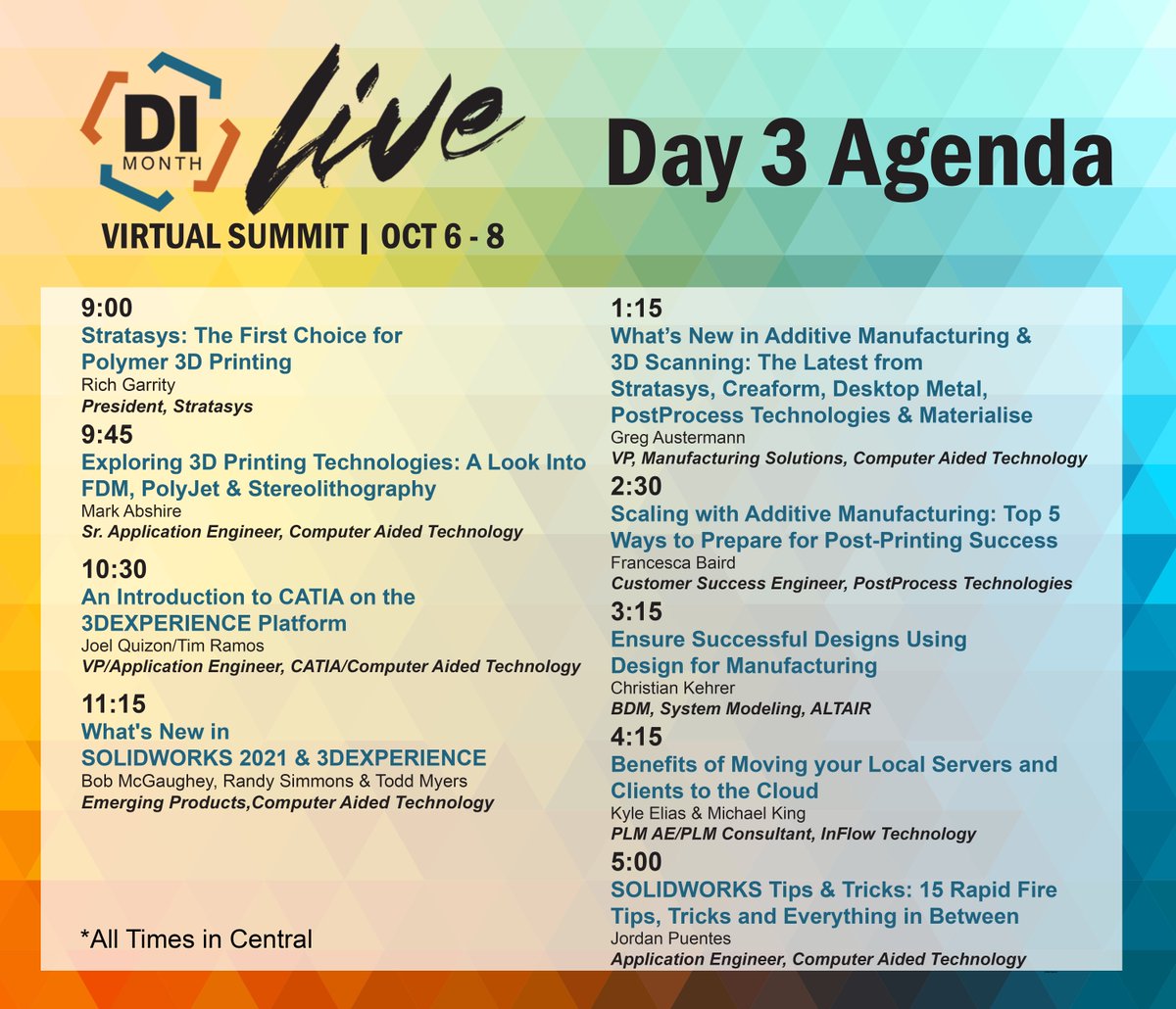 CATISOLIDWORKS's tweet image. It&apos;s the last day of DI Live but we still have plenty of terrific virtual sessions! 

We&apos;re kicking it off with Rich Garrity, President of Stratasys to discuss 3D Printing and ending with rapid fire SOLIDWORKS tips &amp;amp; tricks! 

Sign up any time for free at cati.vfairs.com